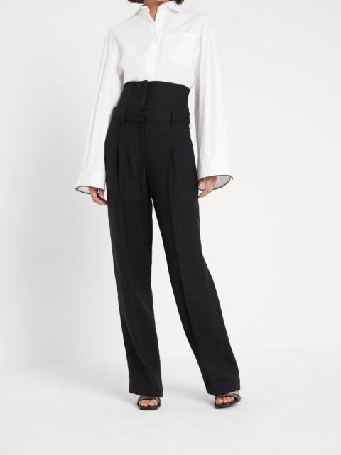 Viscose and linen fluid twill loose straight trousers with removable corset waistband and monili