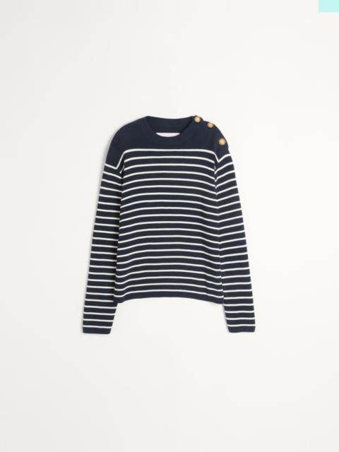Valentino STRIPED COTTON CREWNECK SWEATER WITH BUTTONS ON THE SHOULDER