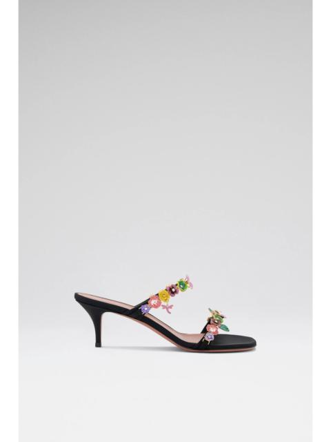 Amina Muaddi VITTORIA SLIPPER 55 BLACK SATIN AND MULTICOLOR ENAMEL FLOWERS