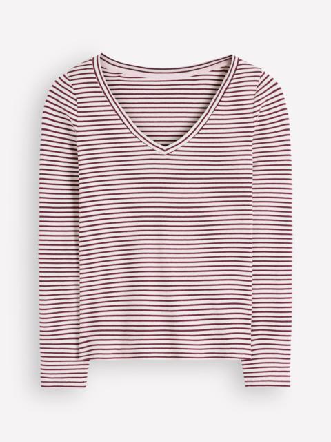BODEN Annie Essential V Neck Top-Deep Wisteria and Ivory Stripe