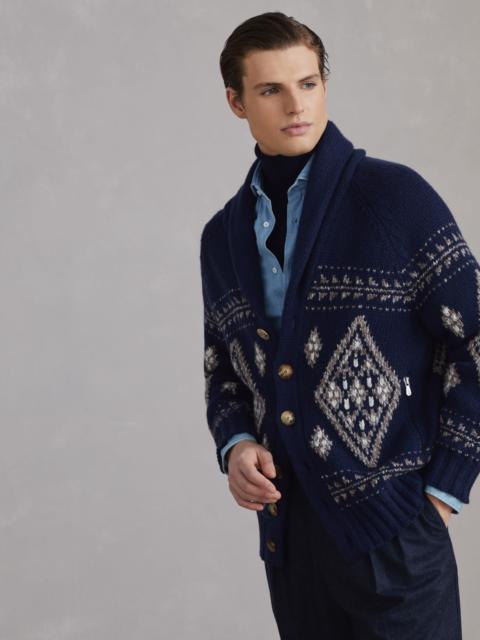 Geometric jacquard cardigan in cashmere feather yarn with shawl collar