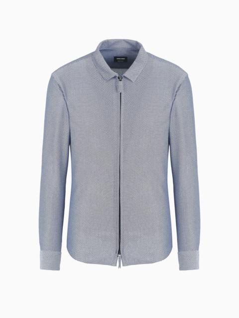 GIORGIO ARMANI Slim-fit, zip-up shirt in a cotton-blend jersey with a chevron motif