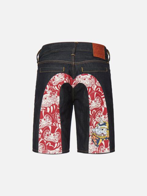 EVISU DARUMA BUDDIES PATTERN DAICOCK PRINT DENIM SHORTS