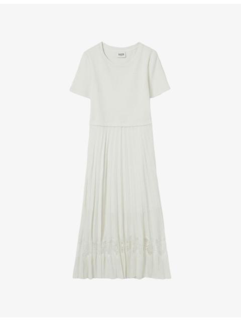 Claudie Pierlot Lace-insert pleated cotton midi dress