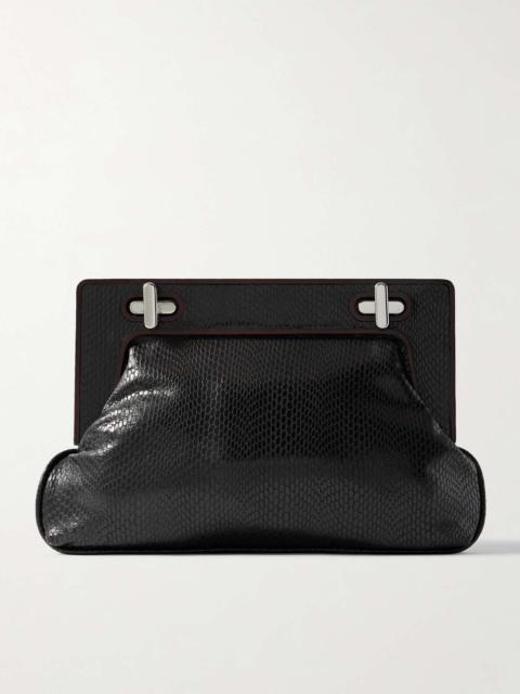 Alba wood-trimmed snake-effect leather clutch