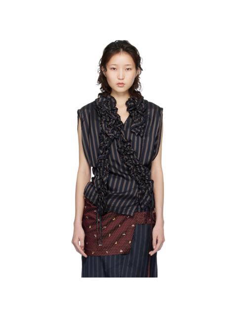 Dries Van Noten Navy Ruffled Top