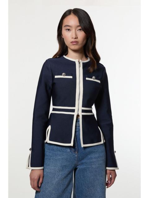 KAREN MILLEN Figure Form Bandage Military Contrast Piping Knit Split Hem Jacket