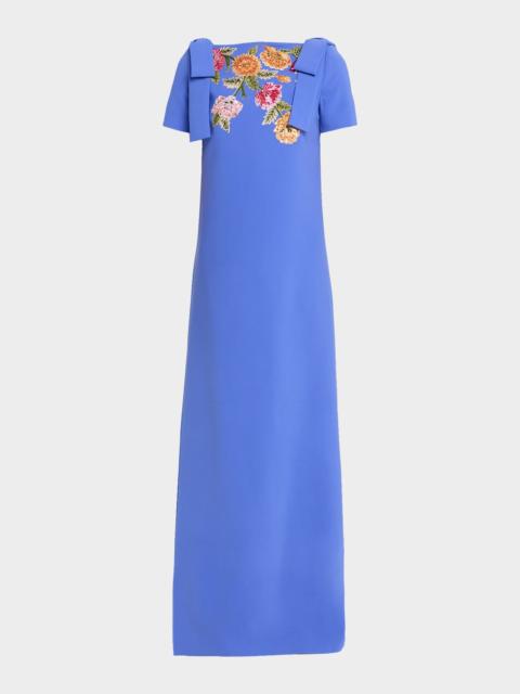 CAROLINA HERRERA Embroidered Bow-Shoulder A-Line Gown