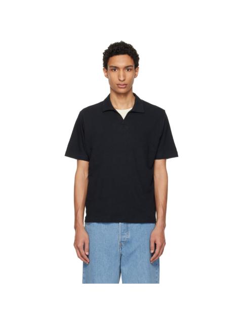 Merz b. Schwanen Black Linen-Cotton Relaxed Fit Polo