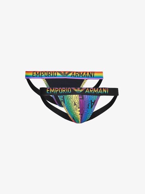 EMPORIO ARMANI Rainbow-logo pack of two stretch-cotton jockstraps