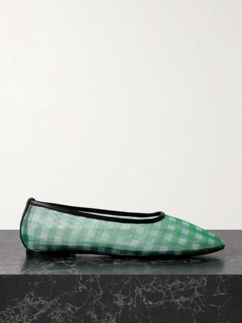 STAUD Alba leather-trimmed gingham mesh ballet flats Jade