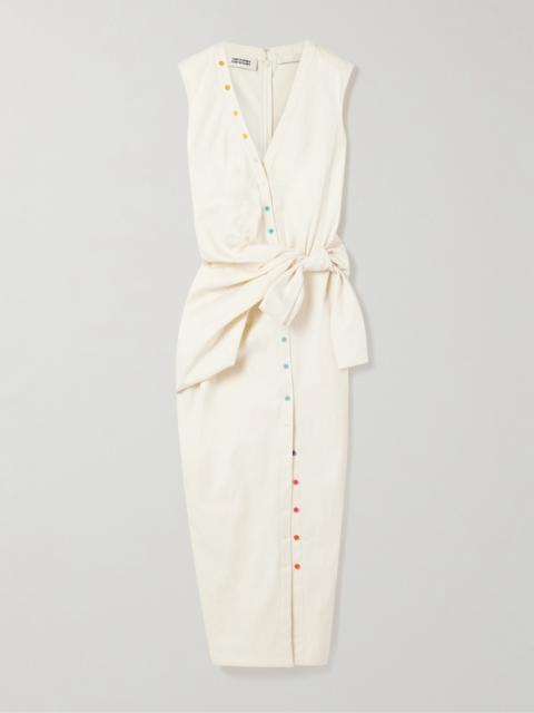 CHRISTOPHER JOHN ROGERS Tie-front Button-embellished Washed Cotton-twill Midi Shirt Dress