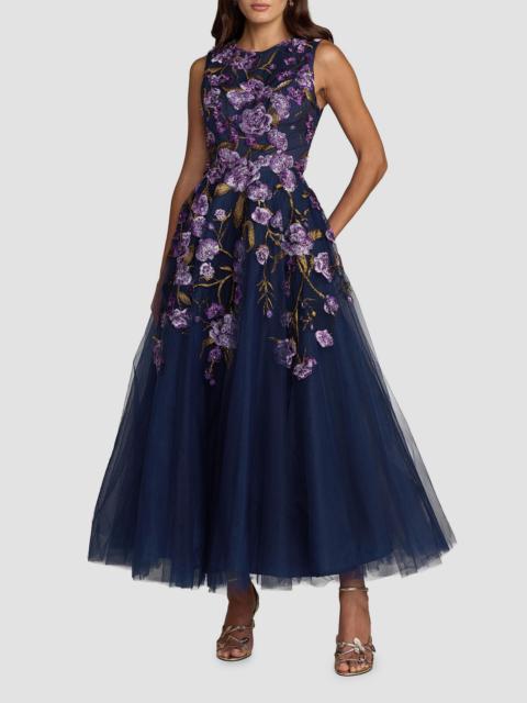 MAC DUGGAL Women's Floral-Embroidered Tulle Tea-Length Cocktail Dress - Midnight Multi