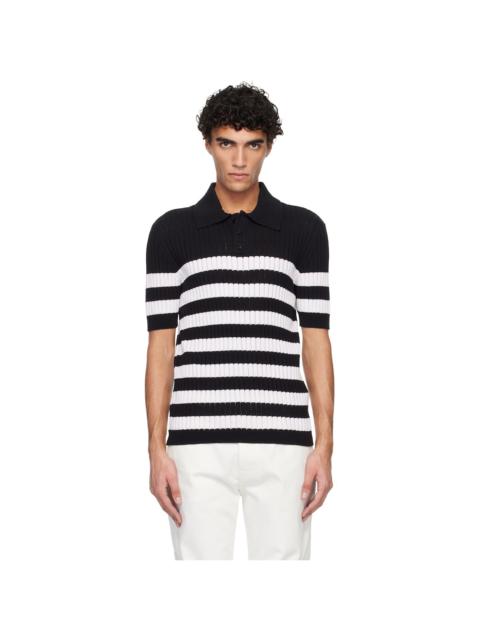 Balmain Black & White Marinière Ribbed Cotton Knit Polo
