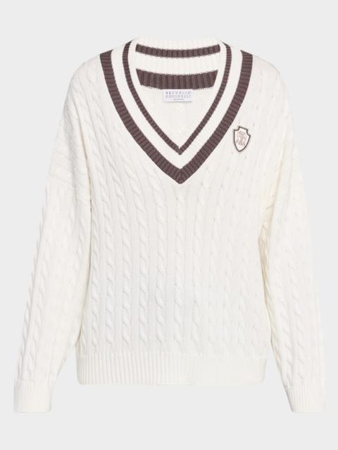 Brunello Cucinelli Cable-Knit Sport Club V-Neck Sweater