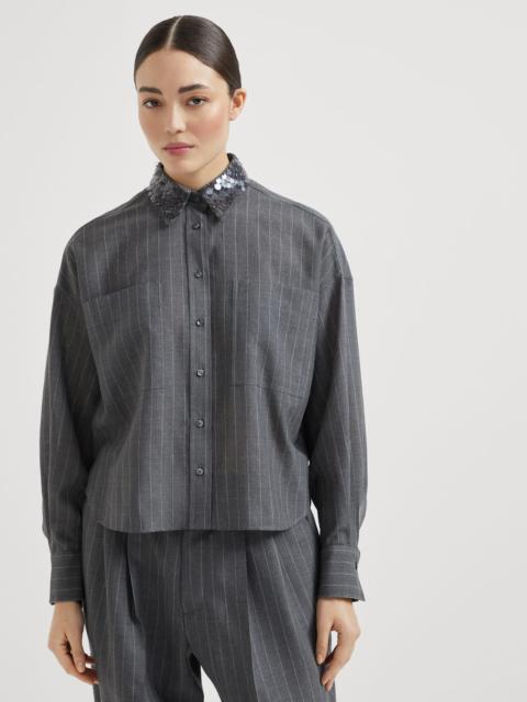 Virgin wool chalk stripe gauze shirt with swing drops collar