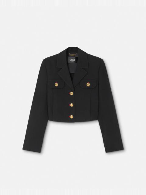 【VERSACE】MILITARY SHORT JACKET IN WOOL GABARDINE VERSACE Black Wool Gabardine Uniform Crop Jacket | ssense