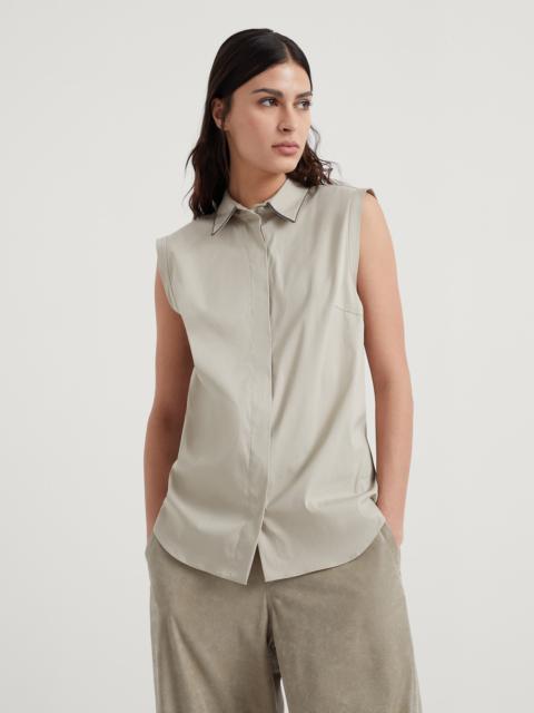 Stretch cotton poplin sleeveless shirt with shiny trim