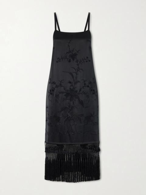 BODE Fringed embroidered silk-satin midi dress Black