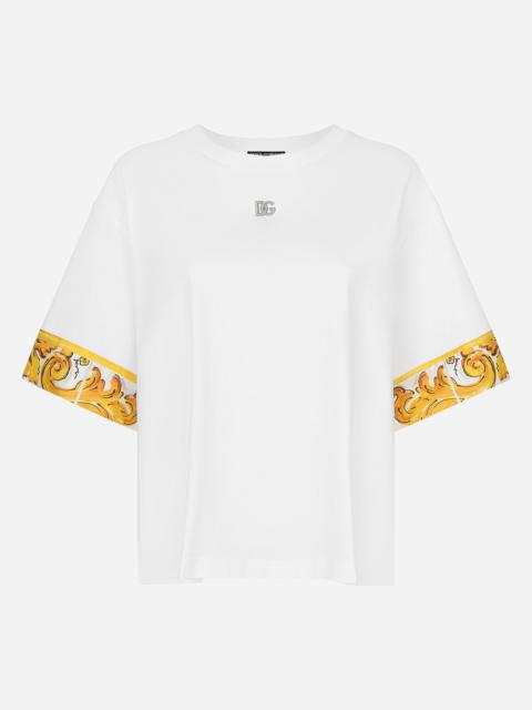 Dolce & Gabbana Cotton jersey T-shirt with majolica-print silk twill details