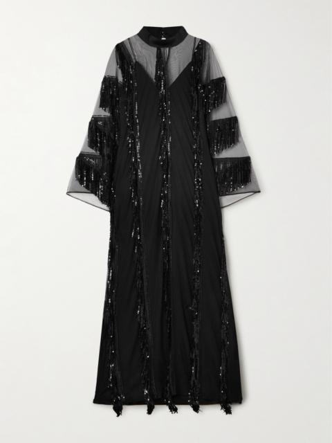 Taller Marmo Showgirl Fringed Sequined Tulle And Cady Gown
