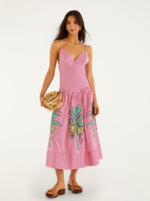 FARM RIO Red Palm Tree Stripes Cutwork Organic Cotton Midi Dress