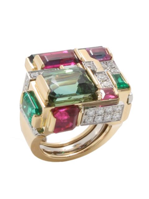 DAVID WEBB Green Tourmaline Ruelite Diamond Cubist Ring