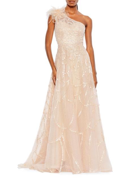 MAC DUGGAL Women's Sequin & Feather-Embellished Gown - Peach