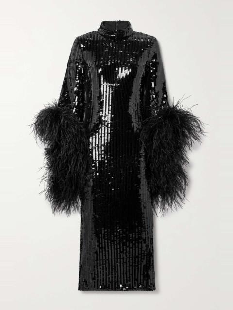 Taller Marmo Del Rio Disco feather-trimmed sequined tulle midi dress