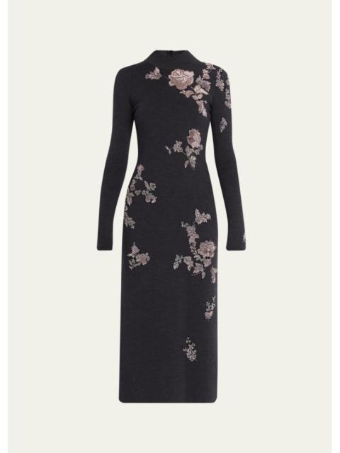 Oscar de la Renta Floral Embroidered Knit Long-Sleeve Midi Dress