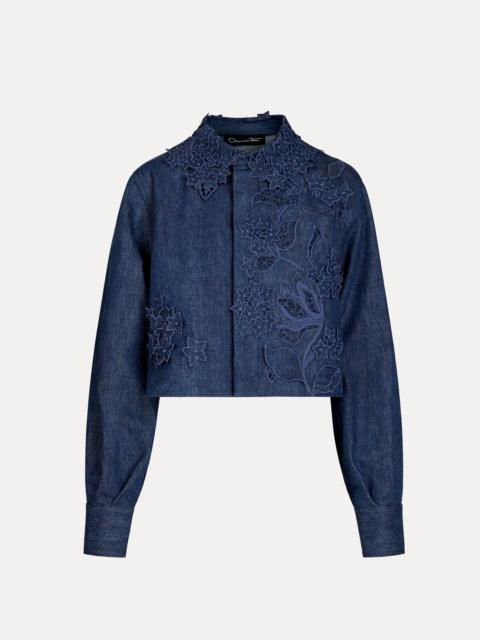 Oscar de la Renta PORCELAIN FLOWER CUTOUT DENIM JACKET