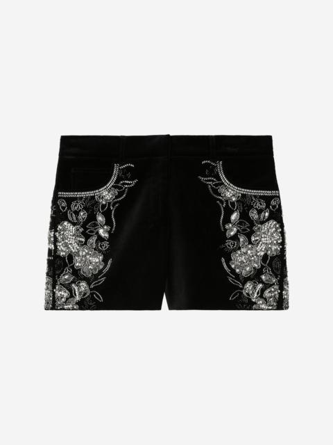 The Kooples BLACK VELVET SHORTS EMBROIDERED WITH RHINESTONES AND PEARLS