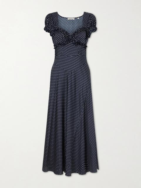 DÔEN Valerine Gathered Polk-dot Silk-blend Twill Maxi Dress