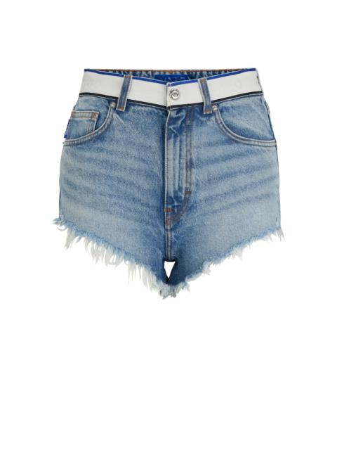 HUGO LIGHT-BLUE DENIM SHORTS WITH LOGO-TAPE WAISTBAND