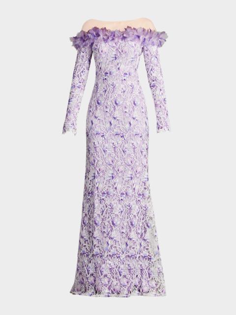 TADASHI SHOJI Off-Shoulder Illusion Floral Lace Gown