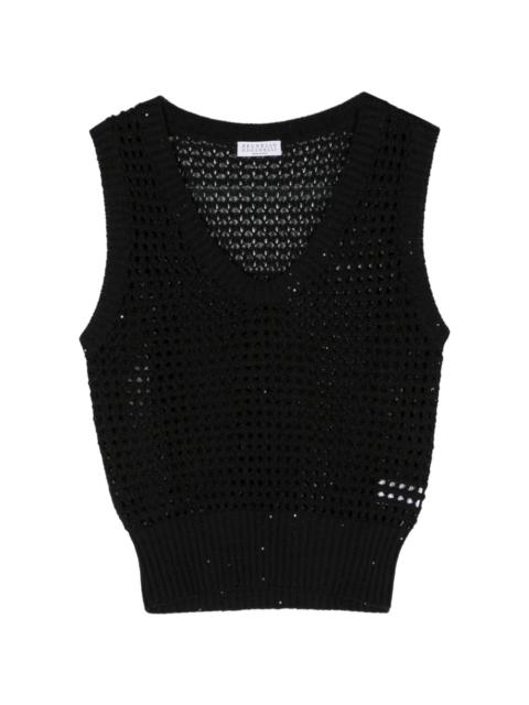 sequin-embellished open-knit vest