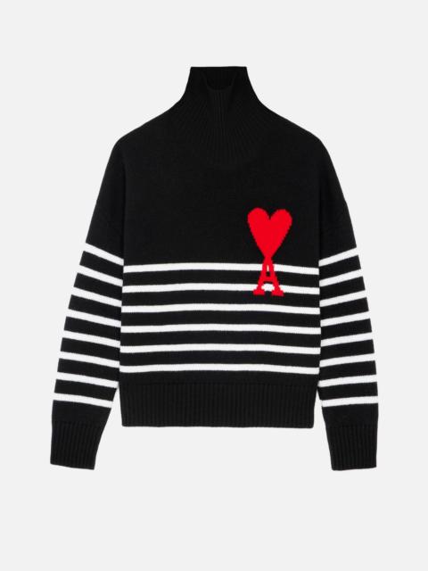 AMI Paris Ami De Coeur Striped Oversize Funnel Neck Sweater