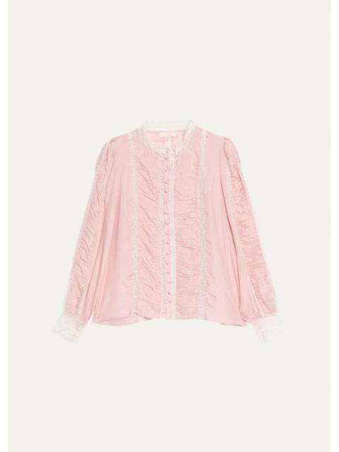 LoveShackFancy Jacque Lace-Trim Ruched Silk Top