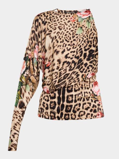 Roberto Cavalli Floral Leopard Print Jersey Asymmetric Top