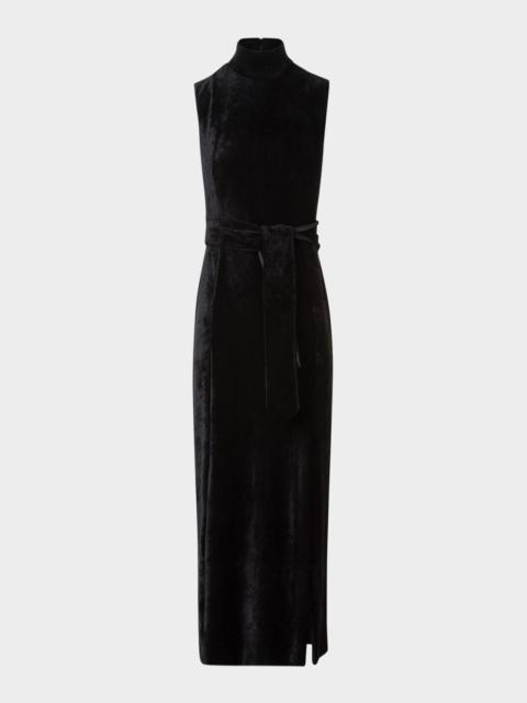 AKRIS Mock-Neck Belted Velvet Jersey Midi Dress