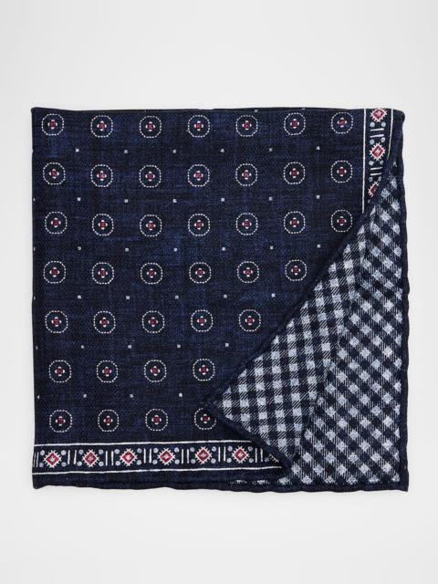 Brunello Cucinelli Men's Double-Face Geometric-Check Silk Pocket Square