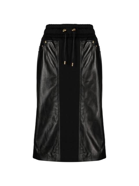 panelled leather and cotton-blend jersey midi skirt