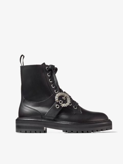 JIMMY CHOO Cora Flat
Black Soft Calf Leather Combat Boots with Crystal Buckle