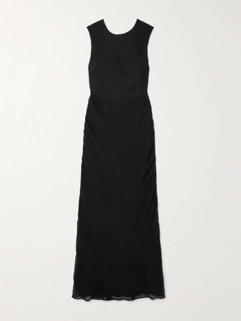 Open-back ruched pinstriped silk-voile maxi dress