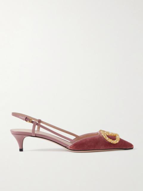 Valentino Vlogo 50 Leather-trimmed Embellished Velvet Slingback Pumps