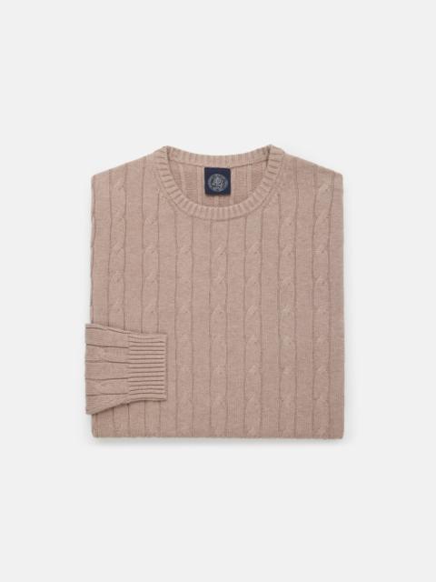 J. PRESS LIGHT BROWN COTTON-CASHMERE CABLE CREWNECK SWEATER - TRIM FIT