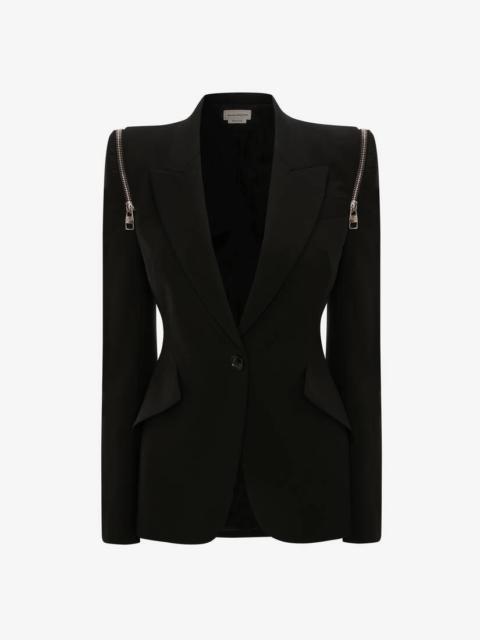 Alexander McQueen Zip Peak Shoulder Leaf Crepe Jacket in Black