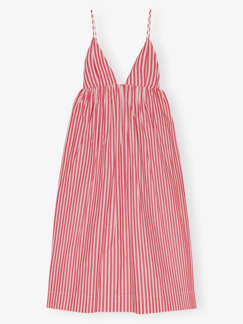 GANNI RED STRIPE COTTON STRAP MIDI DRESS