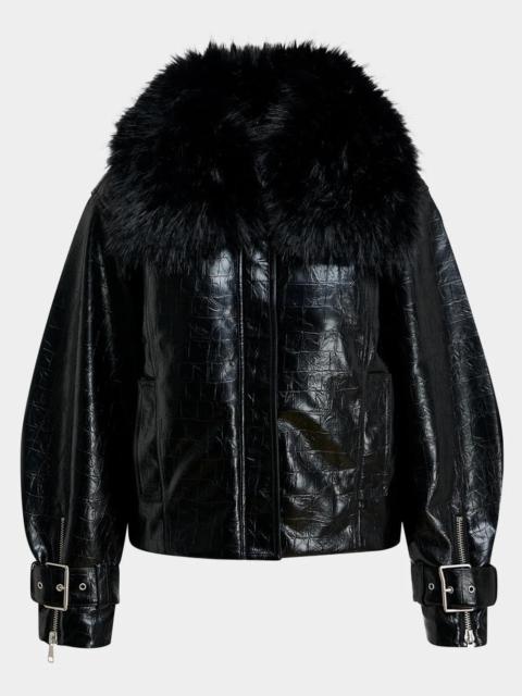 ESSENTIEL ANTWERP Kabuki Faux Leather Bomber Jacket with Faux-Fur Collar