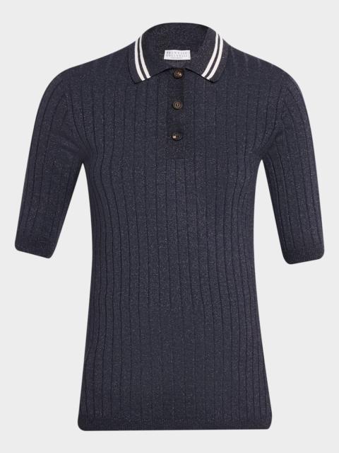Brunello Cucinelli Shimmering Cashmere Rib Short-Sleeve Polo Sweater